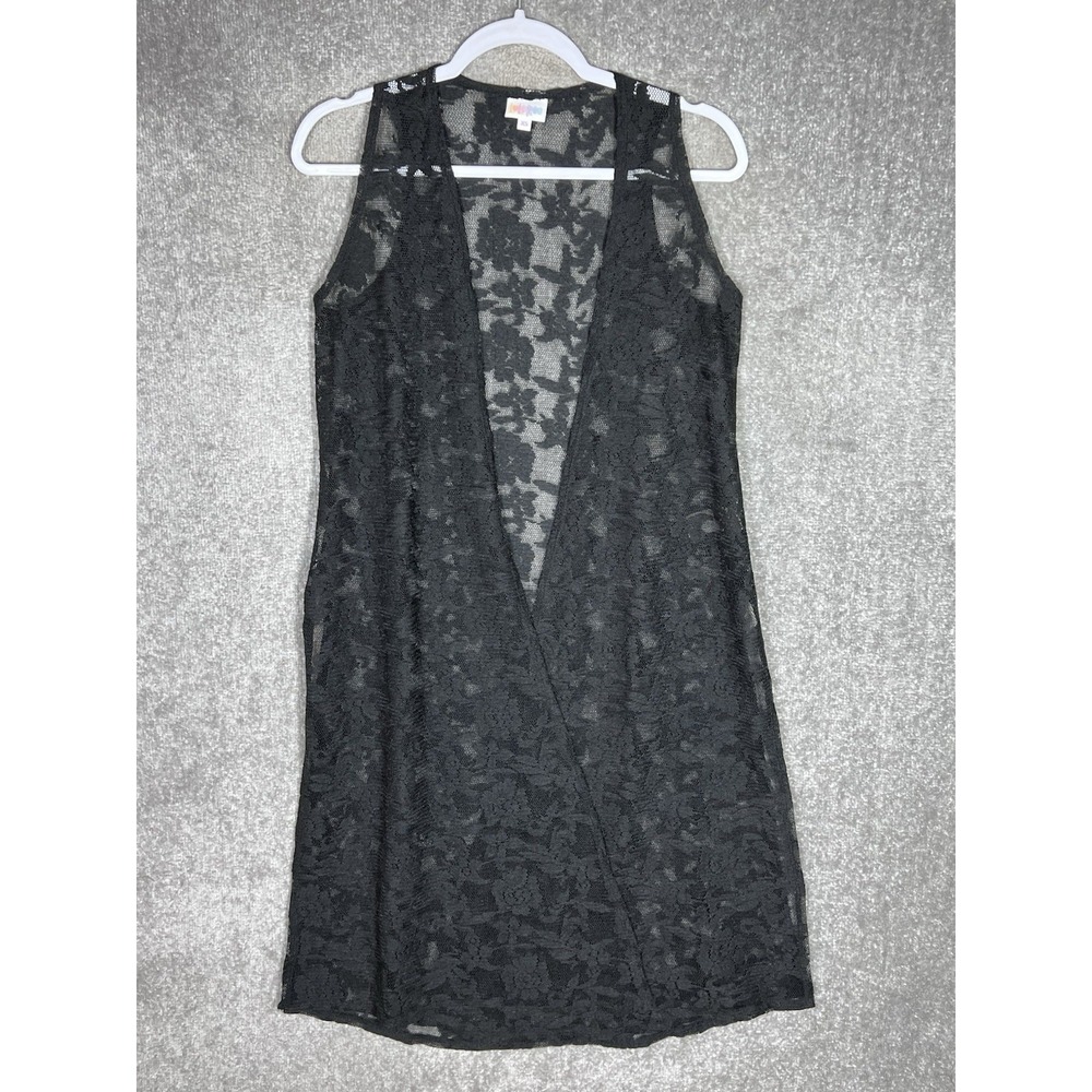 Lularoe Joy Lace Open Front Duster Vest Womens Size XS Black Floral Sleeveless